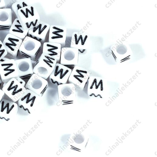 Fehér színű, kocka alakú W betű gyöngy