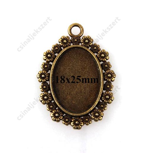Antikolt bronz színű, nefelejcsekkel díszített ovális medál alap 18x25 mm
